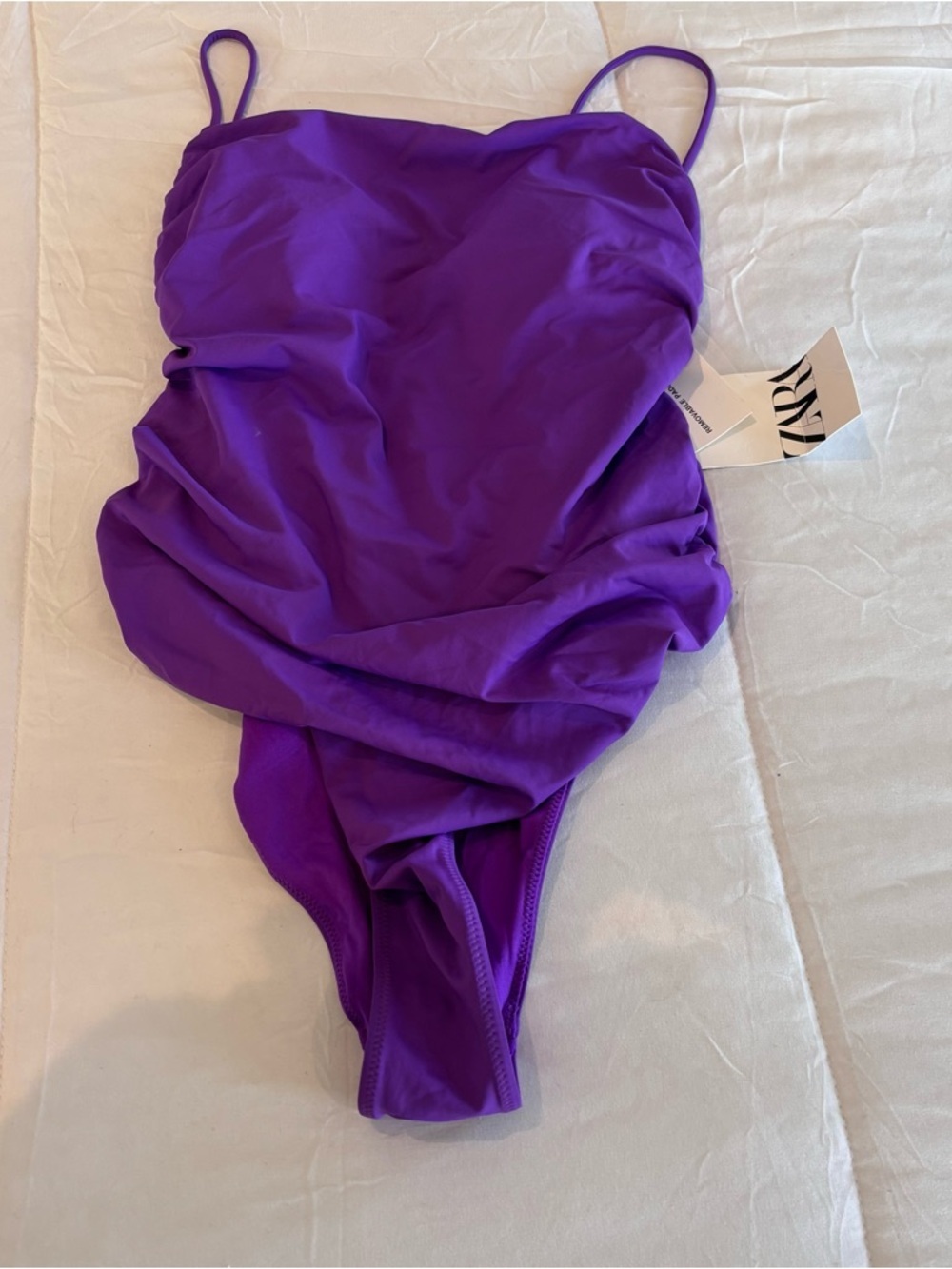 NWT Purple swimsuit from ZARA with draped design and thin straps Large